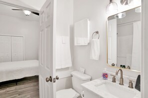 Hair dryer, towels, soap, shampoo