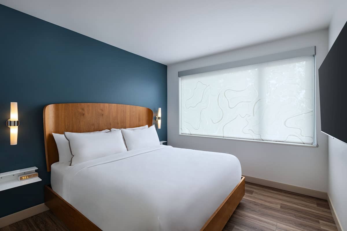Une chambre d’hôtel moderne avec un grand lit, une tête de lit en bois et une grande fenêtre donnant sur la verdure.