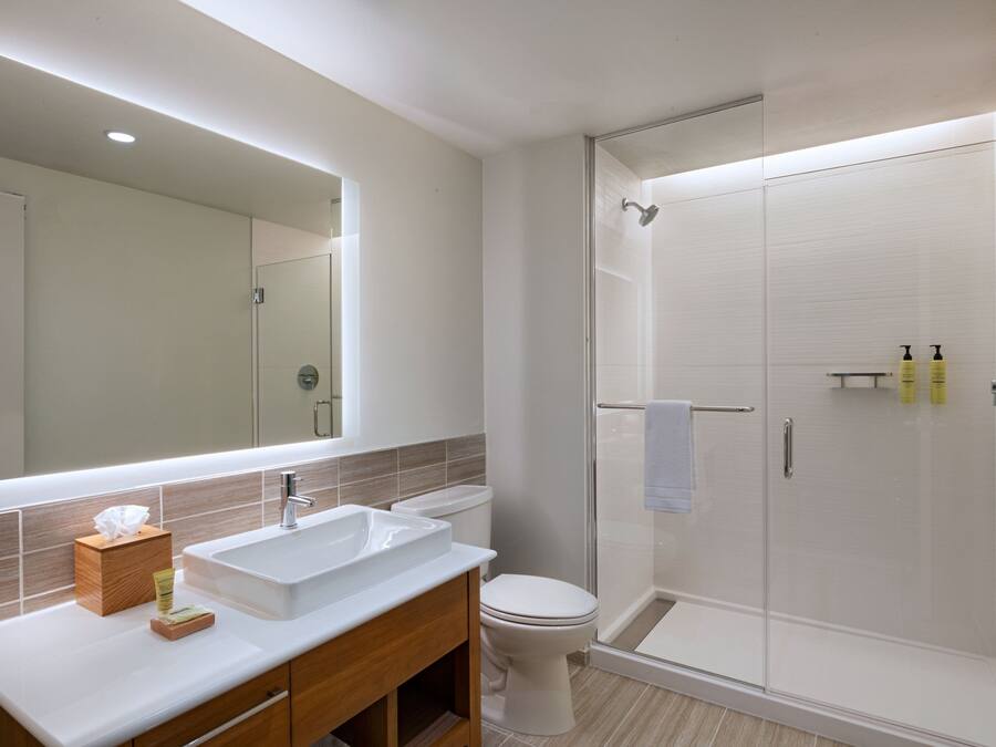 Une salle de bain moderne avec un grand miroir, un lavabo, des toilettes et une douche à parois de verre.