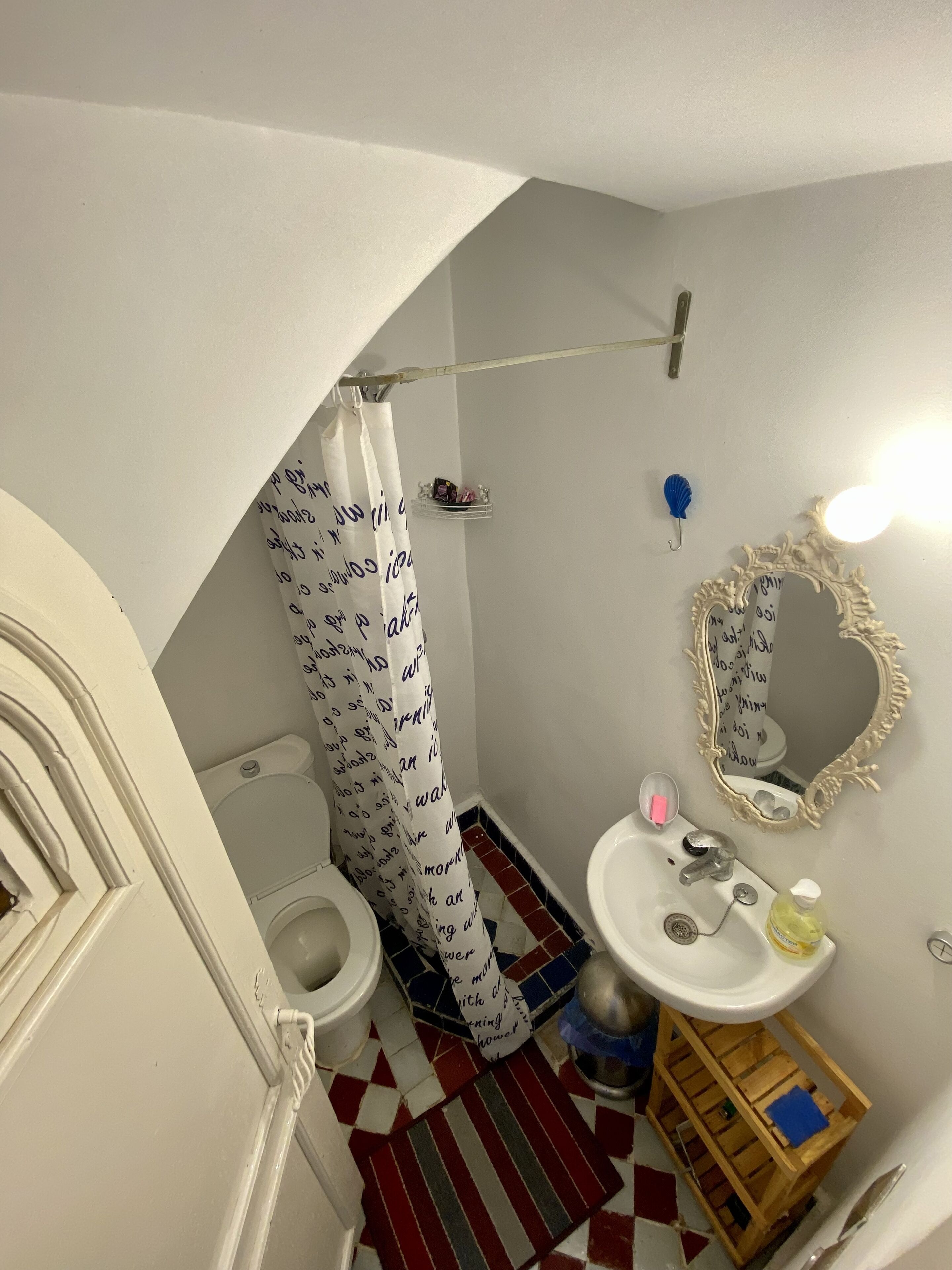A bathroom with a white toilet, a sink with a mirror, and a shower curtain with text.
