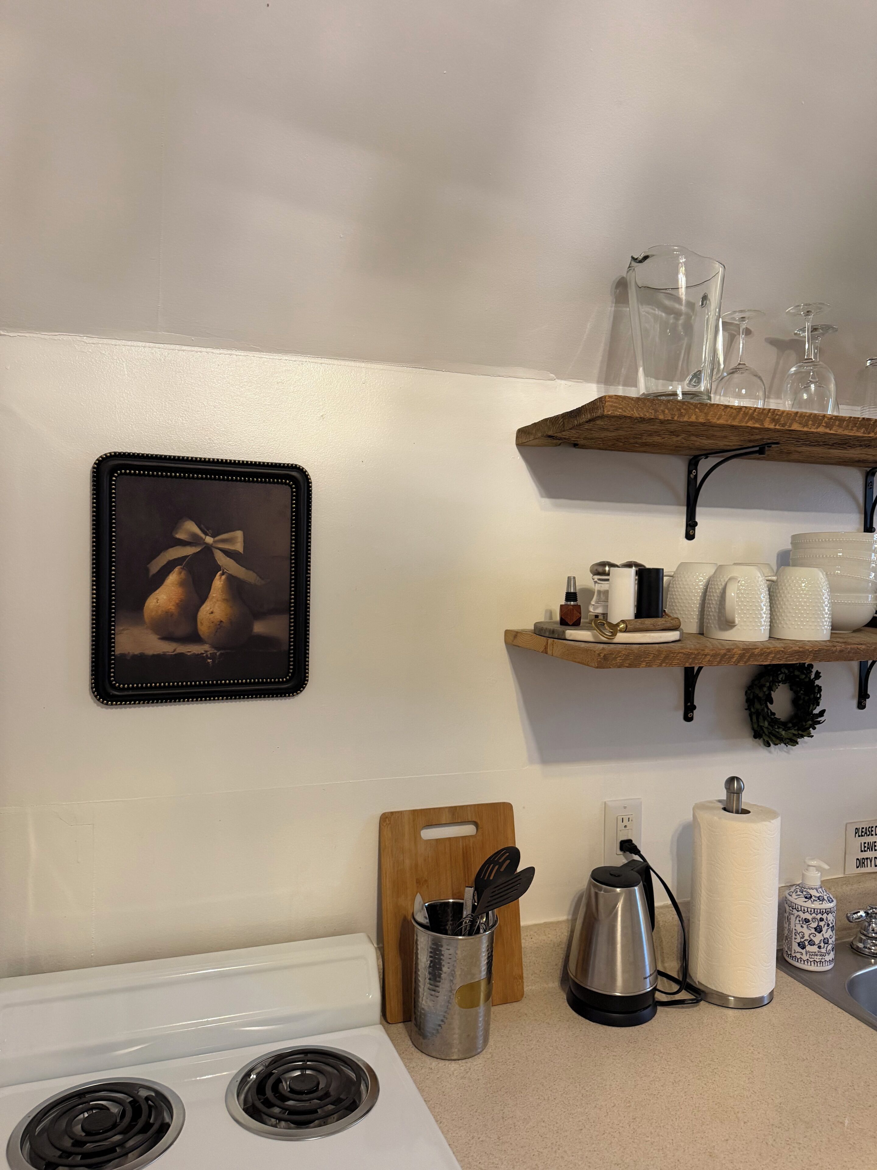 Coffee/tea maker, microwave, toaster, cookware/dishes/utensils