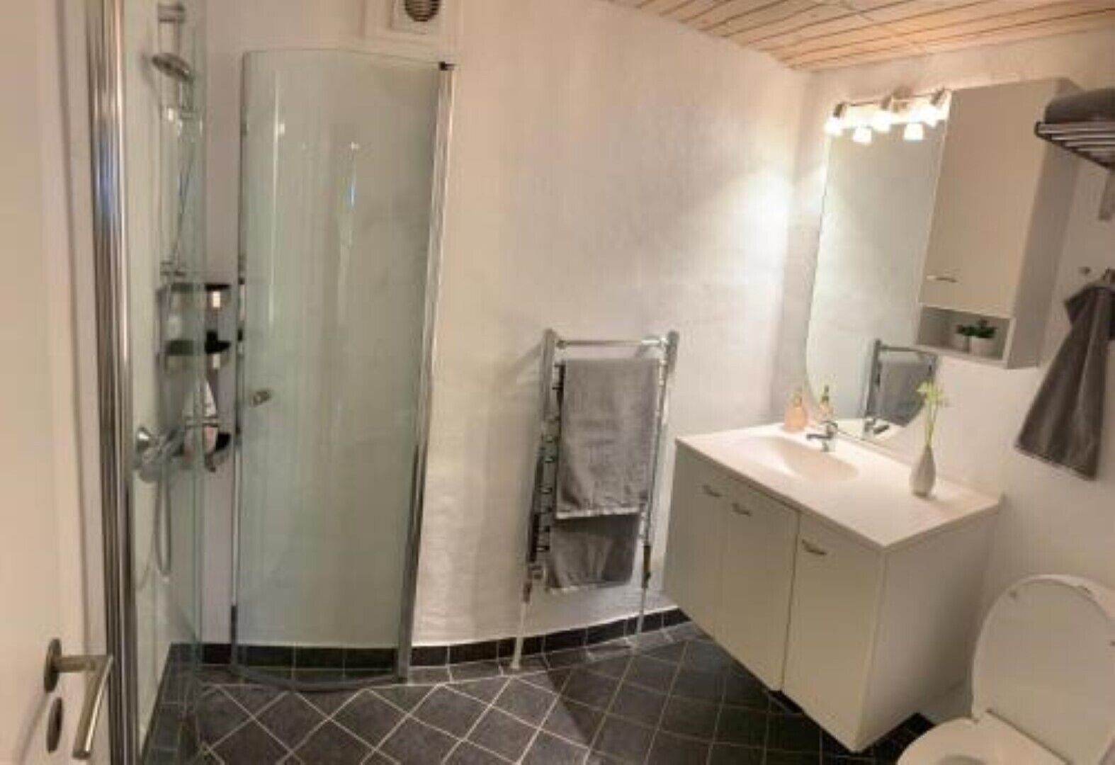 Shower, towels, soap, toilet paper