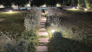 A nighttime pathway with stepping stones, surrounded by grass and shrubs, leading to a building with a green roof.