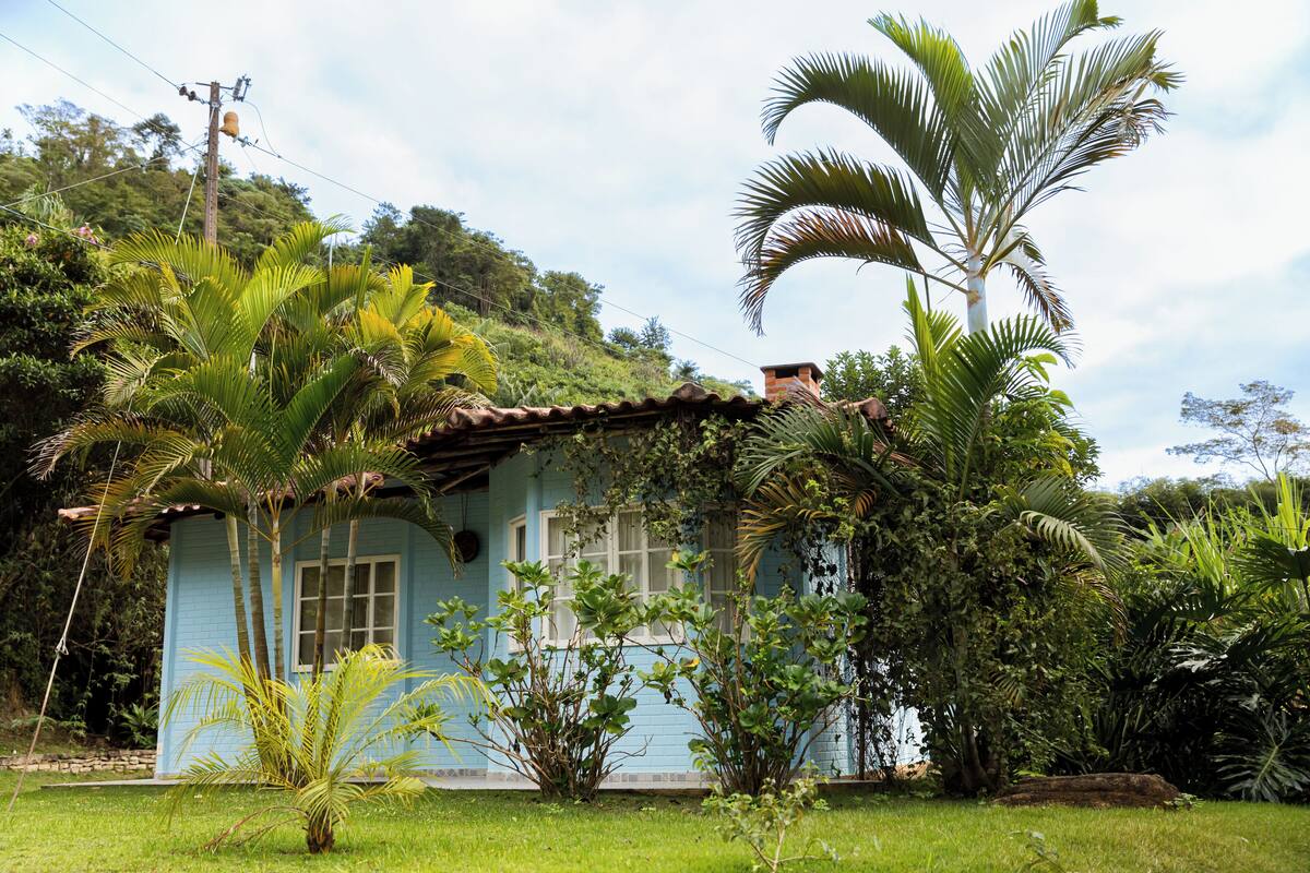 Een klein, lichtblauw huis, omringd door weelderige begroeiing, waaronder palmbomen en diverse planten.