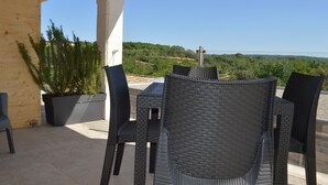 Une terrasse extérieure aménagée avec des meubles en osier, une plante en pot et une vue sur un paysage verdoyant.