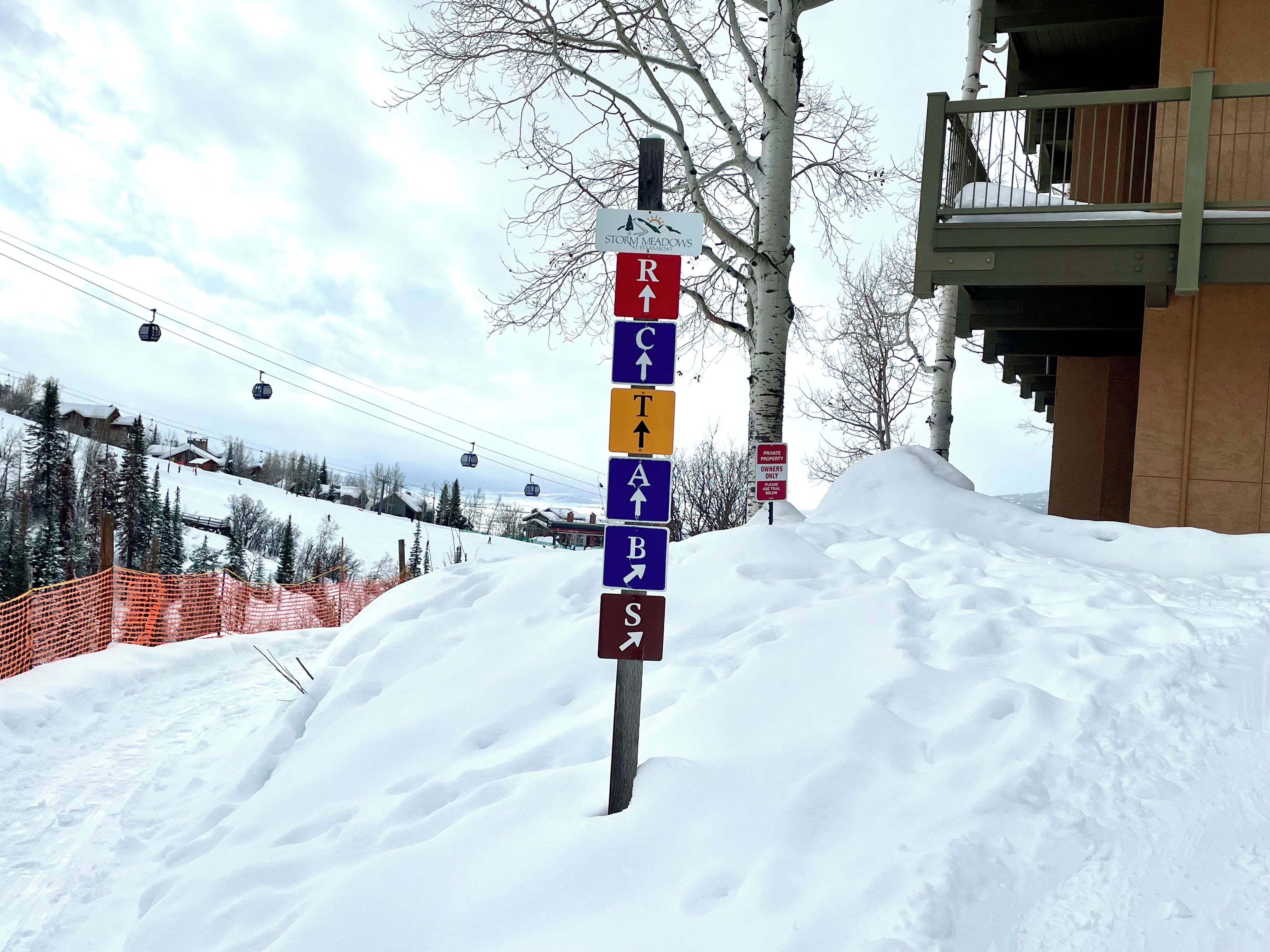 A snow-covered ski slope with a directional signpost and a private property sign.