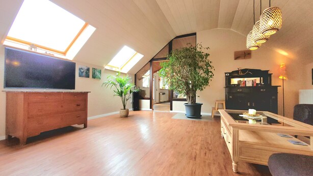 Un vaste espace de vie doté d’un plancher en bois, d’un téléviseur posé sur un meuble en bois, d’une grande plante en pot, d’une table basse et d’une bibliothèque.