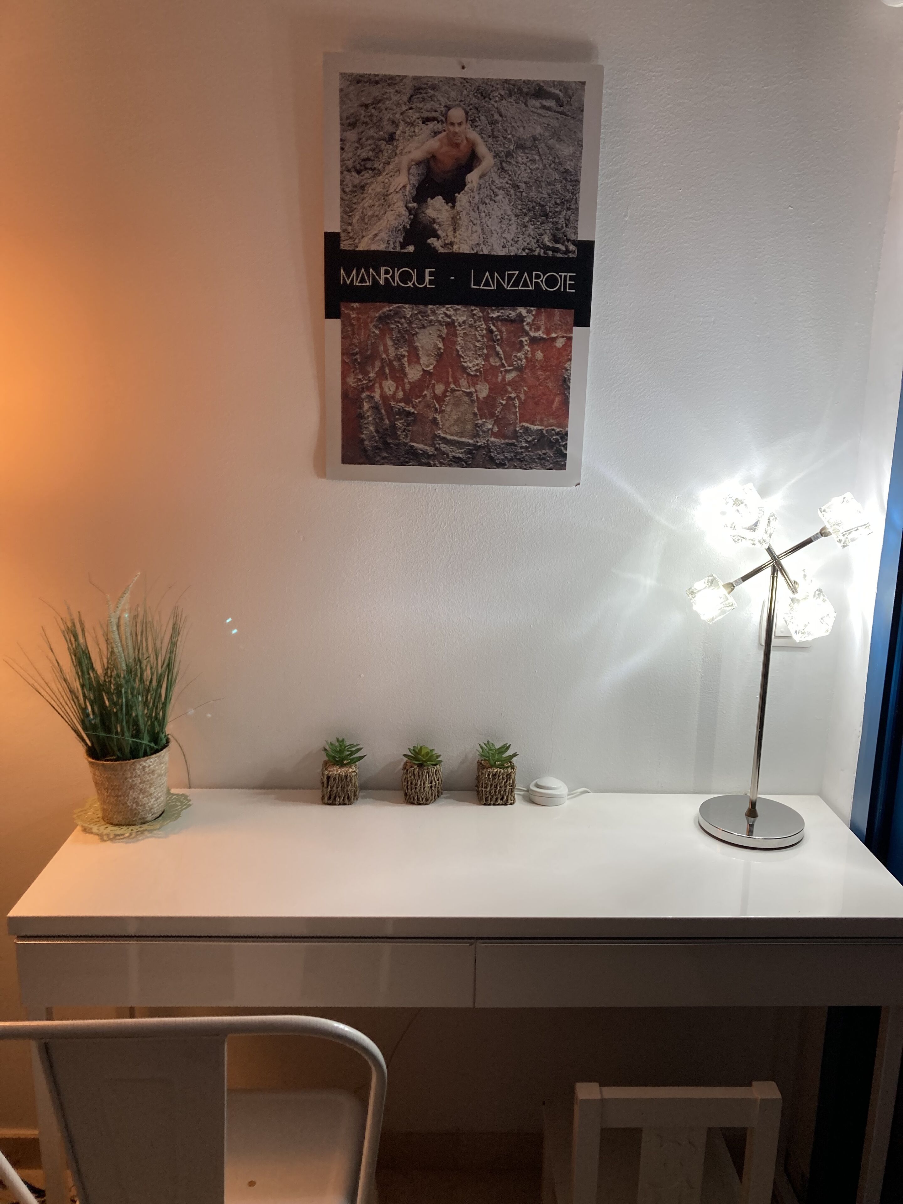 Uma mesa com um quadro emoldurado, um vaso de planta e um abajur.