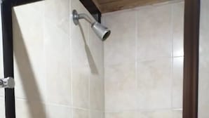 Een douche met een handdouche en een douchekop in een glazen douchecabine, beide bevestigd aan een betegelde muur.