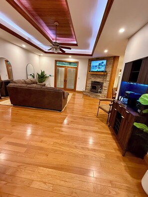 Smart TV, fireplace, books, computer monitors