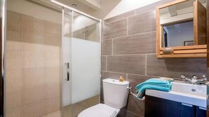 Hair dryer, towels, soap, shampoo