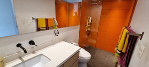 Shower, hair dryer, towels, soap