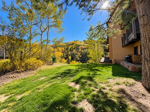 A residential area with a well-maintained lawn, trees with autumn foliage, and a building with a balcony.