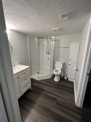 Hair dryer, towels, soap, toilet paper