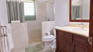 Shower, towels, soap, toilet paper