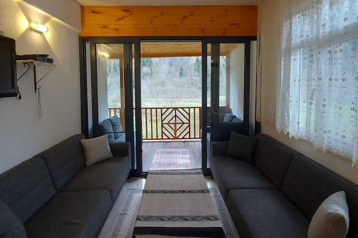 A living room with two sofas, a coffee table, and a view through a glass door to an outdoor area.