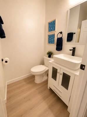 Secadora de cabello, toallas, papel de baño 
