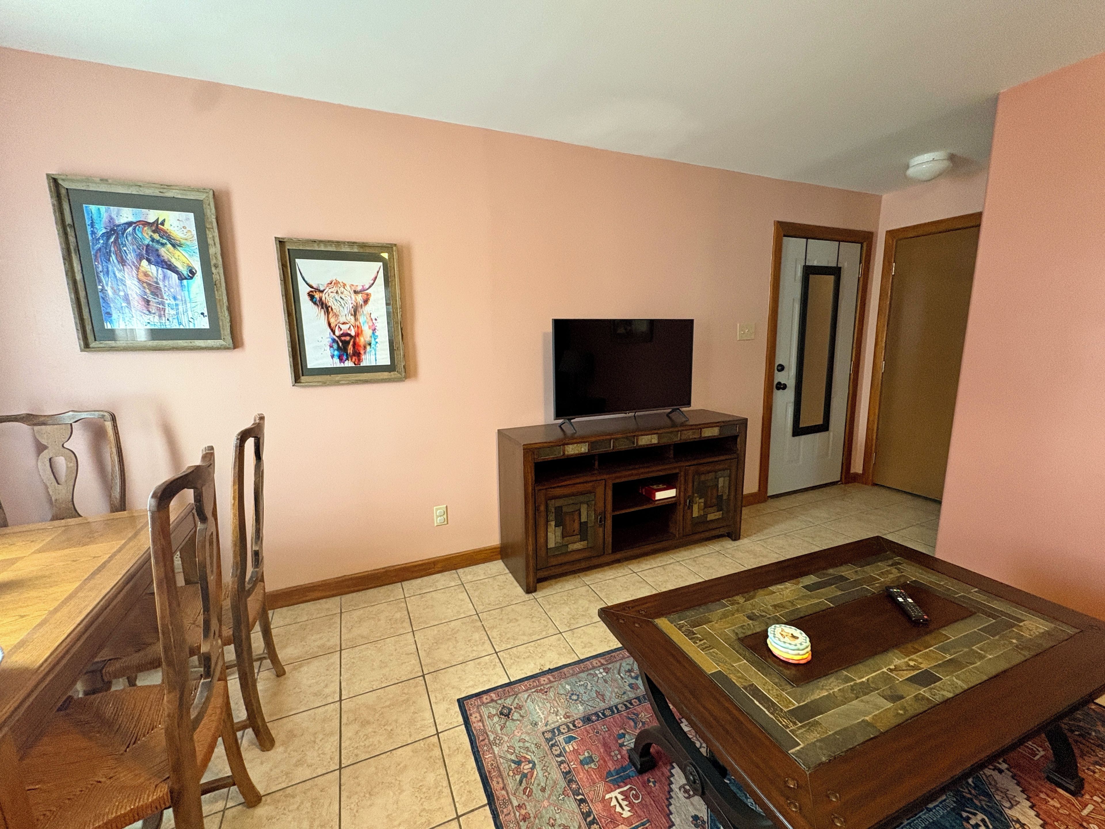 A living room with a wooden dining table, chairs, a television on a wooden stand, and a patterned rug.