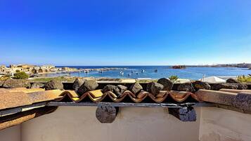 A coastal view with a clear sky, rocky terrain, and a harbor with boats.
