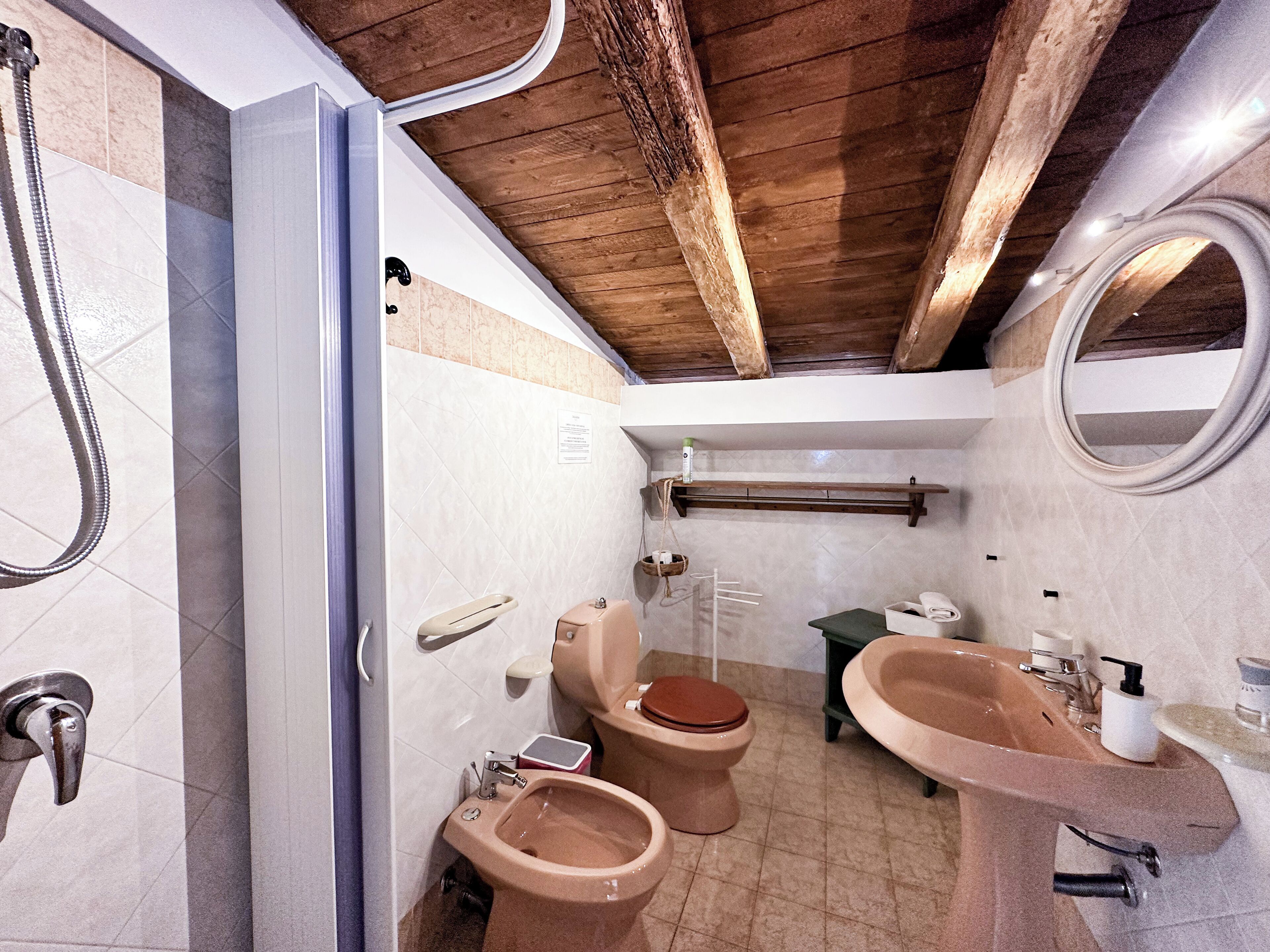 Ein Badezimmer mit Holzboden, zwei Toiletten, einem Bidet, einem Waschbecken, einem Spiegel und einem Handtuchhalter.