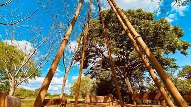 Une construction traditionnelle en bois, dotée d’un toit de chaume, entourée d’arbres et s’ouvrant sur un ciel dégagé.
