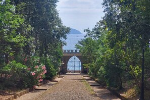 A pathway leading to a building with a large arched entrance, surrounded by lush greenery and a view of the sea.