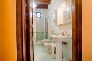 Een douche, een haardroger, een bidet, handdoeken