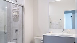 A modern bathroom with a glass-enclosed shower, a white toilet, and a vanity with a mirror. - Slopes and Green by Revelstoke Vacations (Revelstoke)
