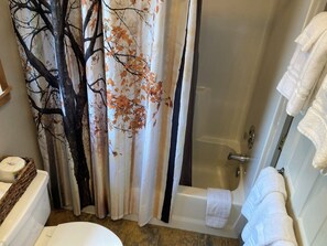 Combined shower/bathtub, hair dryer, towels