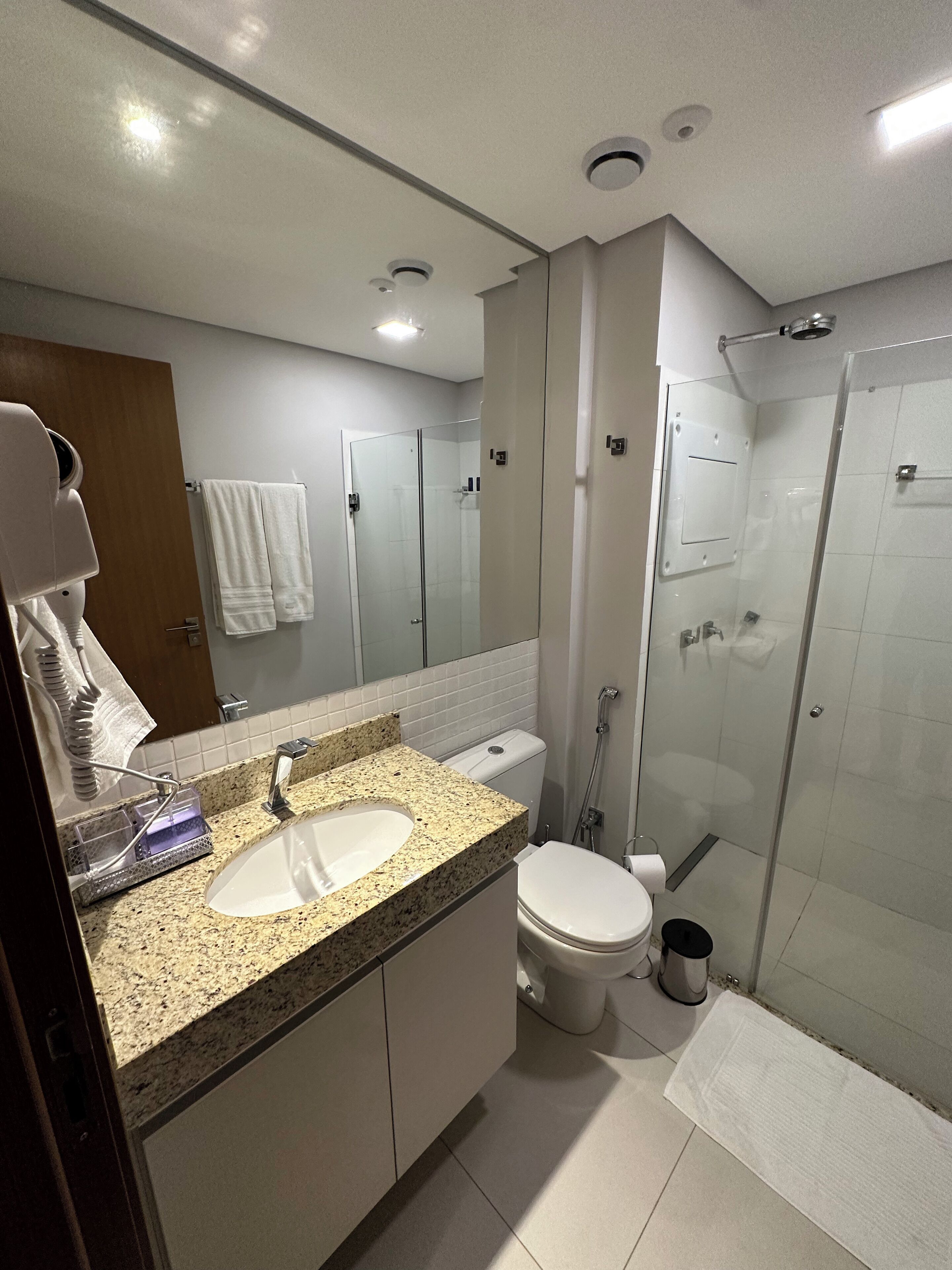 A modern bathroom with a granite countertop sink, a toilet, a glass shower enclosure, and a mirror.