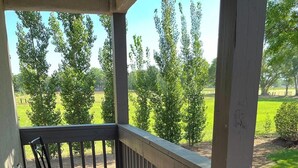 A covered outdoor seating area with two chairs and a table, overlooking a grassy field with trees. - Little Bird Casita: Have the Experience the New Mexico Traveler Hopes to Find. (Albuquerque)