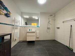 Douche, séchoir à cheveux, serviettes fournies