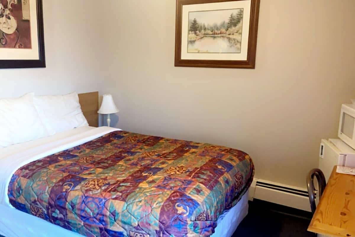 A hotel room with a bed, a nightstand, a lamp, a framed picture on the wall, and a microwave on a small table.