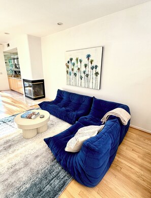 TV connectée, cheminée, livres, chaîne hi-fi