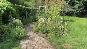 Ein gepflasterter Weg schlängelt sich durch einen üppigen Garten mit verschiedenen Pflanzen und einer weißen Spalierkonstruktion.