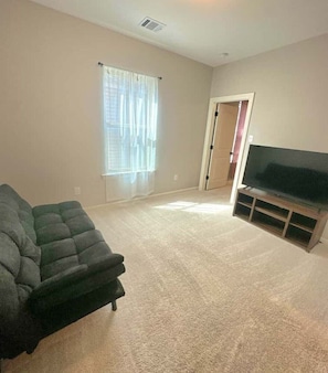 A living room with a large flat-screen TV on a stand, a dark-colored sofa, and a carpeted floor.