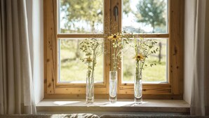 Una ventana con tres jarrones de flores sobre un repisa de madera.