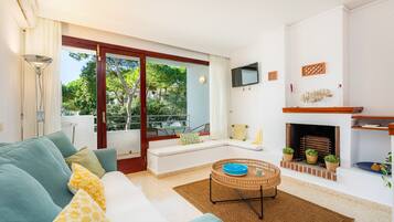 Een televisie en een open haard