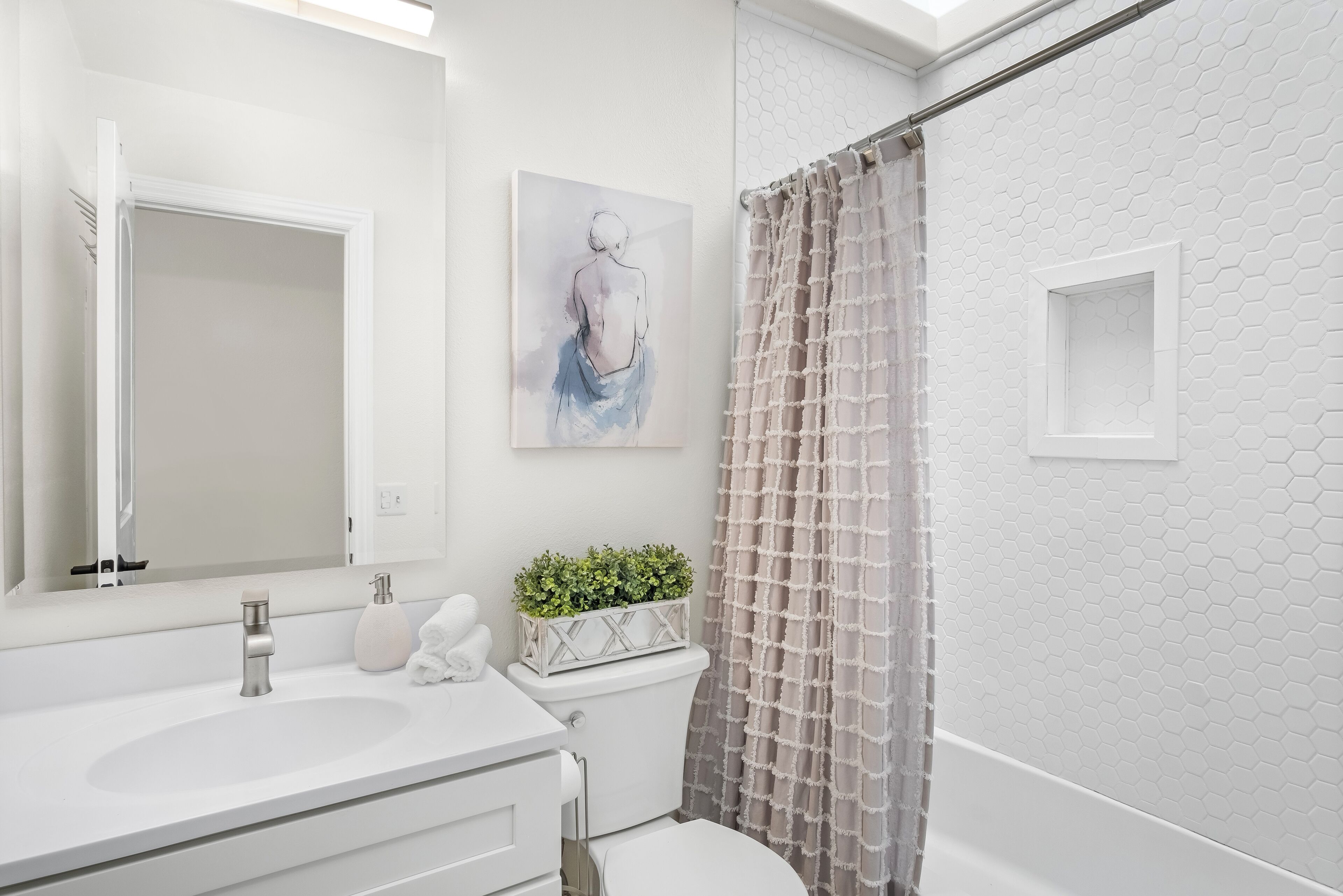 Hair dryer, towels, soap, shampoo