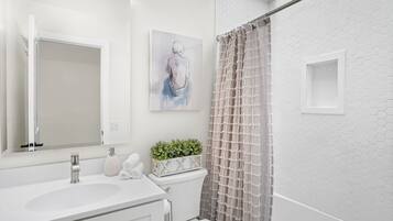 Hair dryer, towels, soap, shampoo