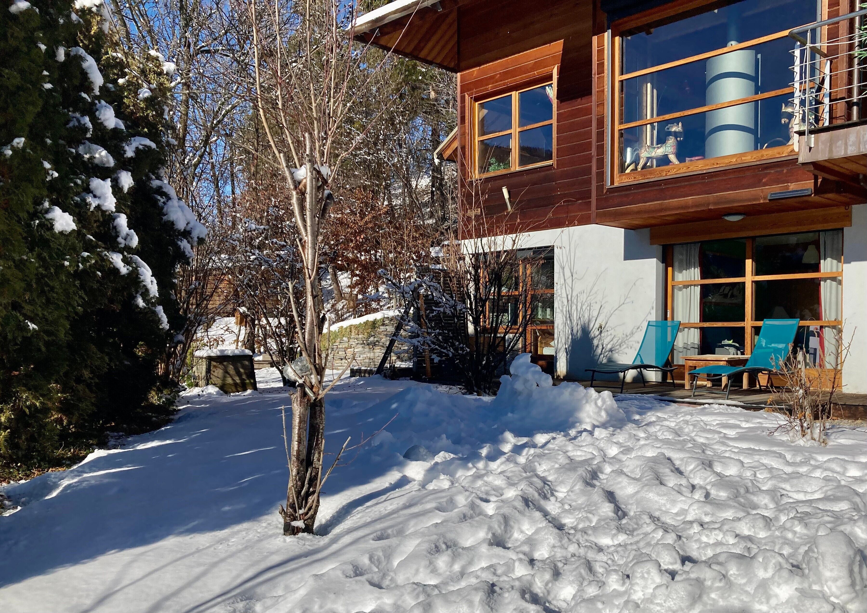 Une maison en bois avec de grandes fenêtres, une cour enneigée et un petit arbre.