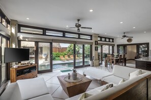 Deluxe Villa, 4 Bedrooms, Private Pool, Garden View | Living area | 32-inch TV with cable channels - Villa Gading by Alfred in Bali (Seminyak)