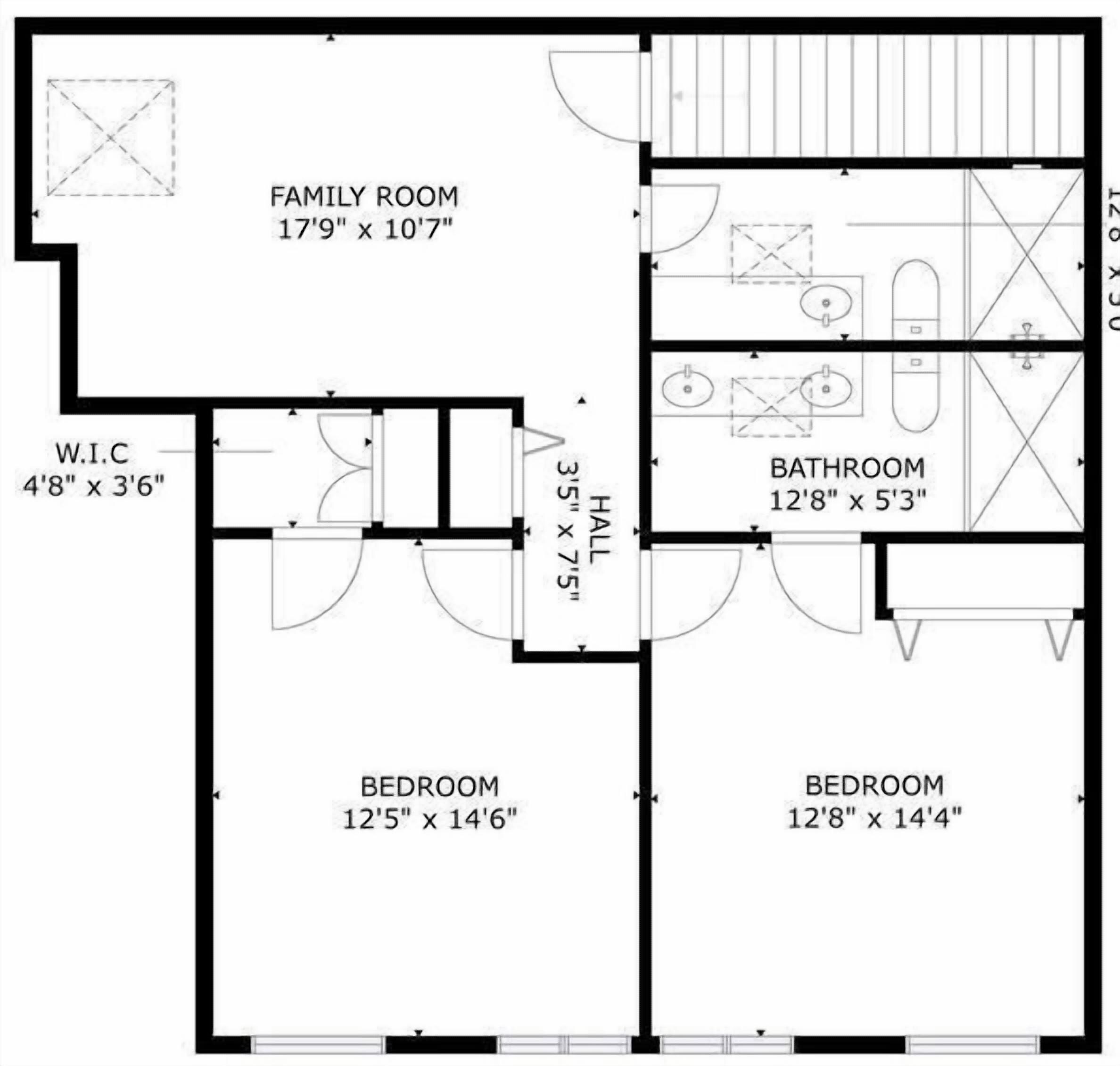 Un plan d’étage comprenant un salon familial, deux chambres, un dressing, une salle de bain et un couloir.