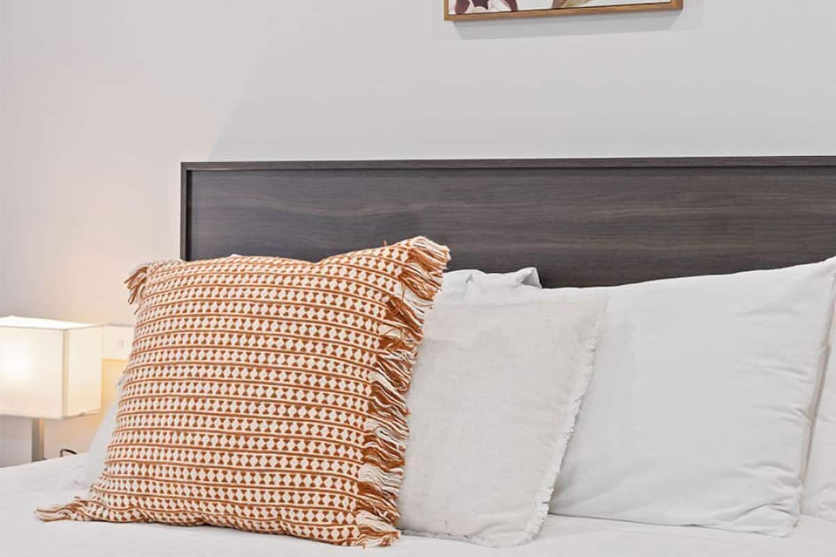 A bed with a dark headboard, a patterned pillow, and a plain pillow.