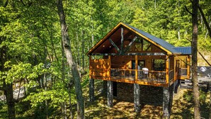 A wooden cabin with a balcony, surrounded by trees.