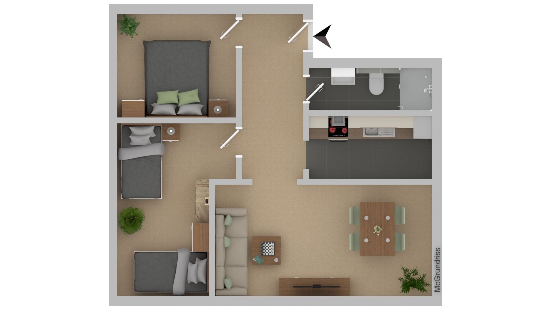 A 2-bedroom apartment layout with a living room, dining area, kitchen, and bathroom.