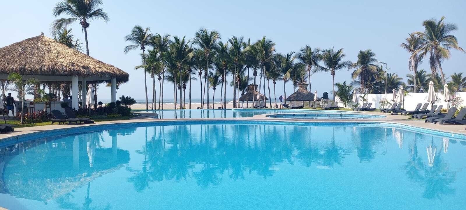 A swimming pool with lounge chairs and palm trees.