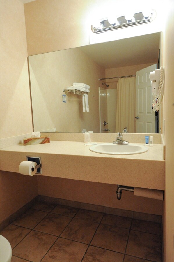 Hair dryer, towels, soap, shampoo