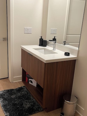 Hair dryer, towels, soap, shampoo