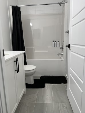 Hair dryer, bidet, towels, soap